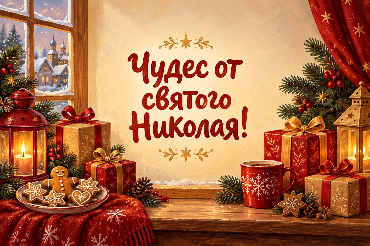 Открытка ко Дню святого Николая: подарки и пряники на подоконнике, надпись «Чудес от святого Николая!»