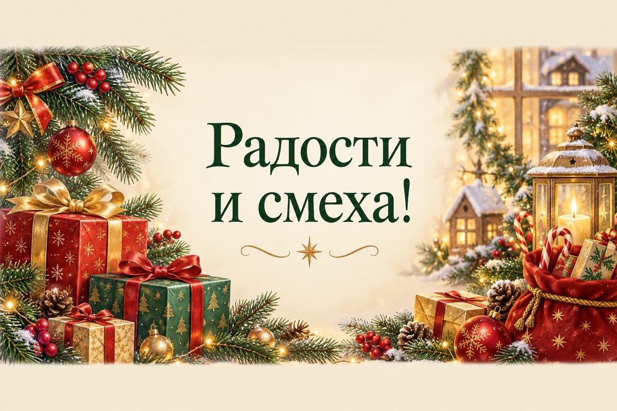 Открытка ко Дню святого Николая: разноцветные подарки под еловой веткой, надпись «Радости и смеха!»