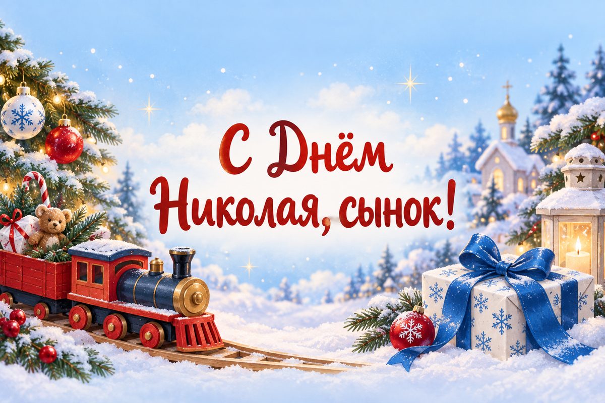 Открытка ко Дню святого Николая: игрушечный поезд и подарок с синей лентой, надпись «С Днём Николая, сынок!»
