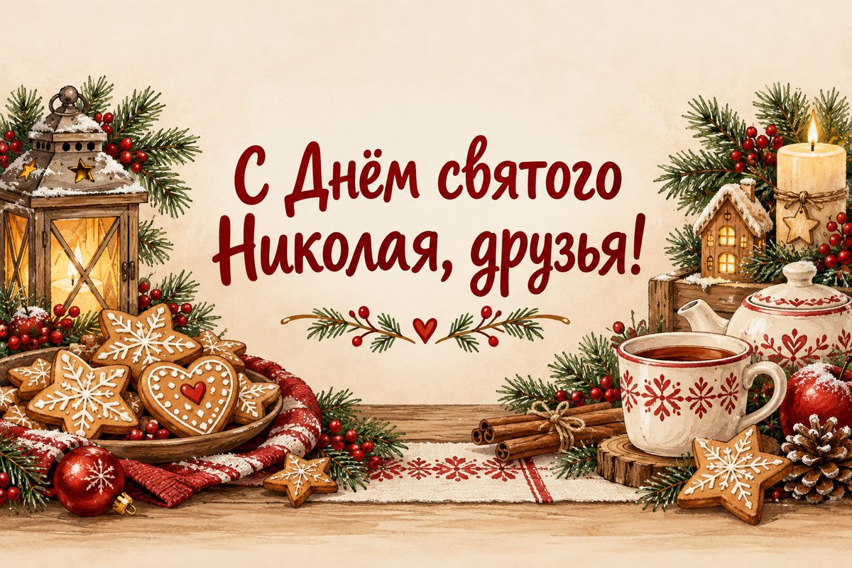 Открытка ко Дню святого Николая: праздничный стол с пряниками и чаем, надпись «С Днём святого Николая, друзья!»