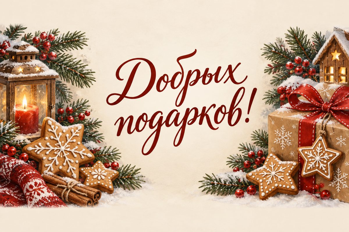 Открытка ко Дню святого Николая: пряники-звёздочки и подарочная коробка, надпись «Добрых подарков!»
