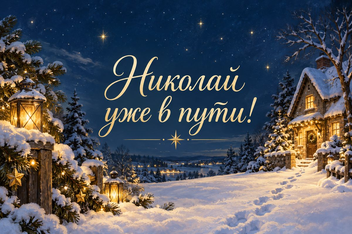 Открытка ко Дню святого Николая: следы на снегу к светлому дому, надпись «Николай уже в пути!»