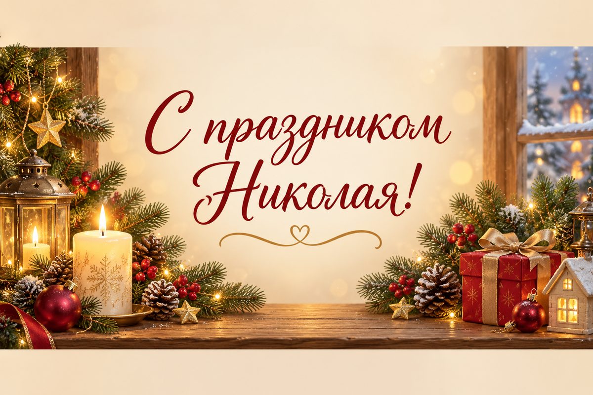Открытка ко Дню святого Николая: свеча на деревянной полке с еловыми ветками, надпись «С праздником Николая!»