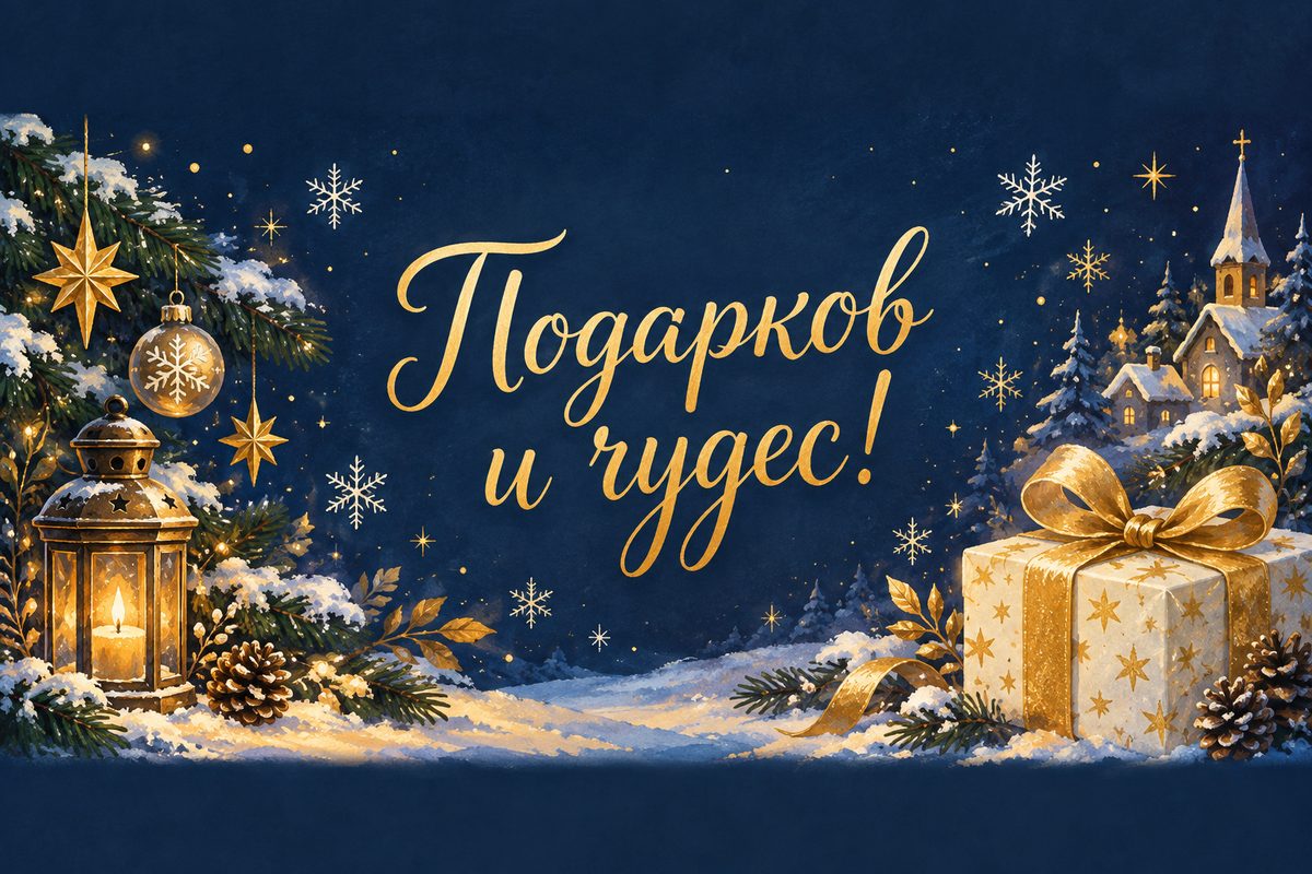 Открытка ко Дню святого Николая: светящийся подарок и снежинки, надпись «Подарков и чудес!»