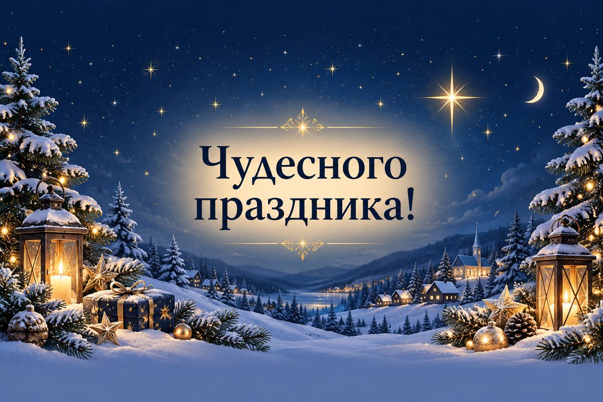 Открытка ко Дню святого Николая: звёздное небо над заснеженными ёлками, надпись «Чудесного праздника!»