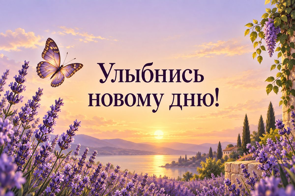 Открытка с добрым утром: бабочка над лавандой на рассвете, надпись «Улыбнись новому дню!»