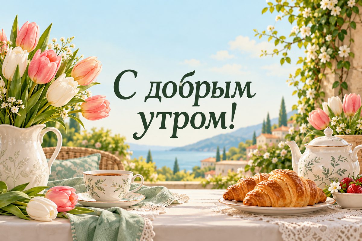 Открытка с добрым утром: чайник, круассаны и тюльпаны в саду, надпись «С добрым утром!»