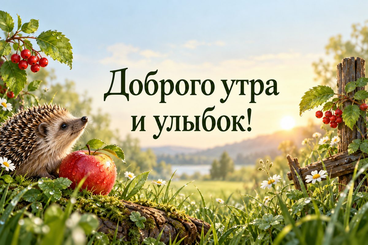 Открытка с добрым утром: ёжик с яблоком в утренней росе, надпись «Доброго утра и улыбок!»