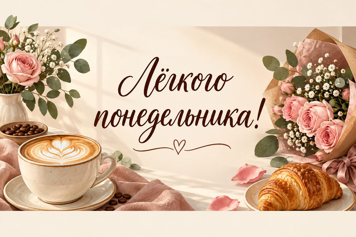 Открытка с добрым утром: капучино с рисунком и маленький букет, надпись «Лёгкого понедельника!»