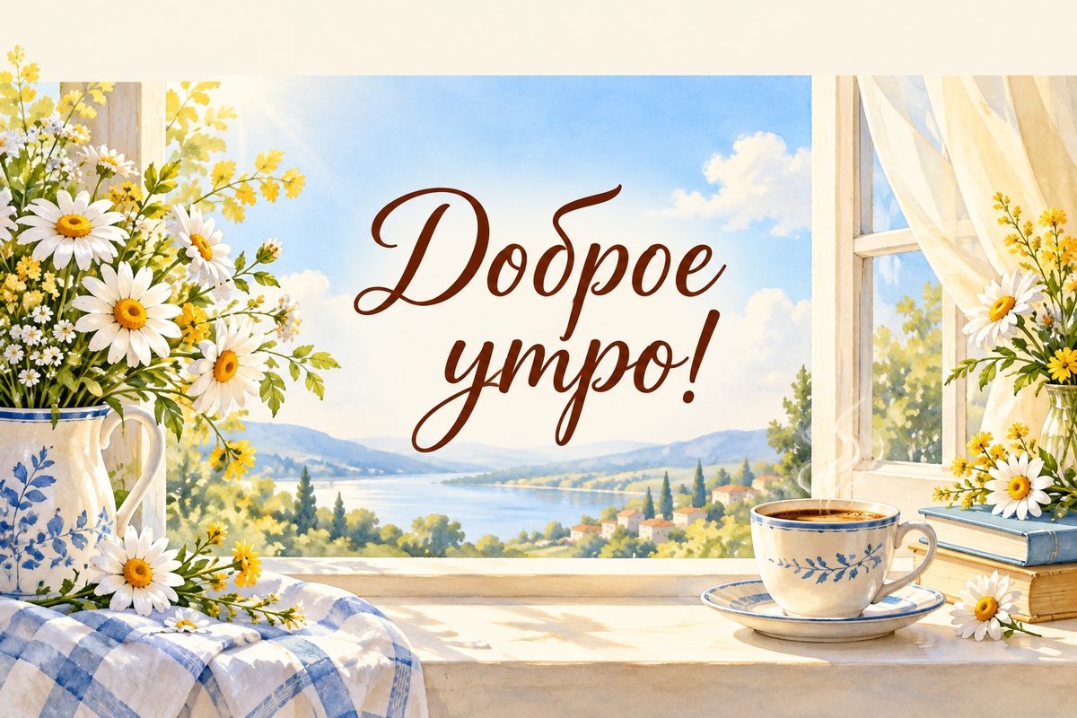 Открытка с добрым утром: чашка кофе и ромашки на солнечном подоконнике, надпись «Доброе утро!»