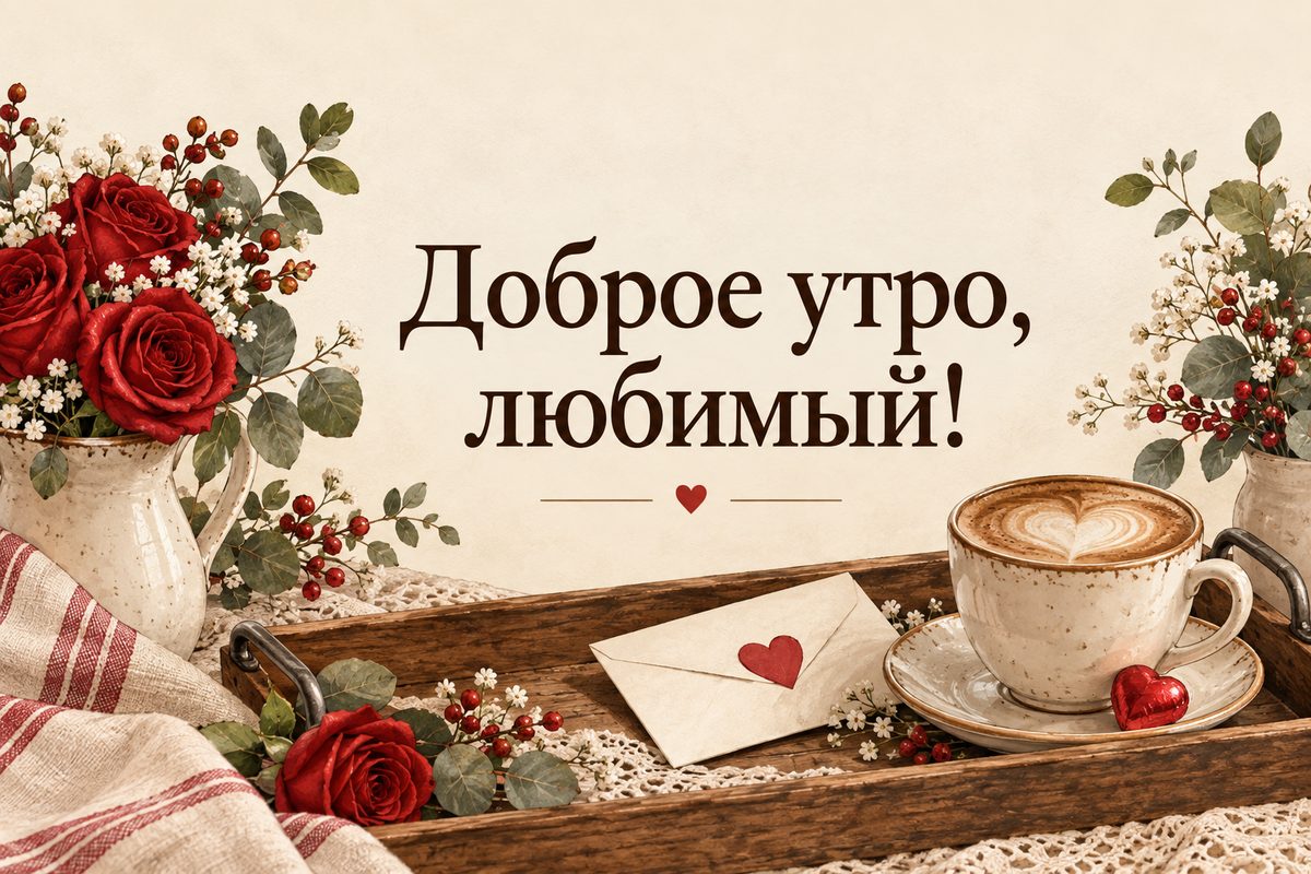 Открытка с добрым утром: чашка кофе и записка с сердечком на подносе, надпись «Доброе утро, любимый!»