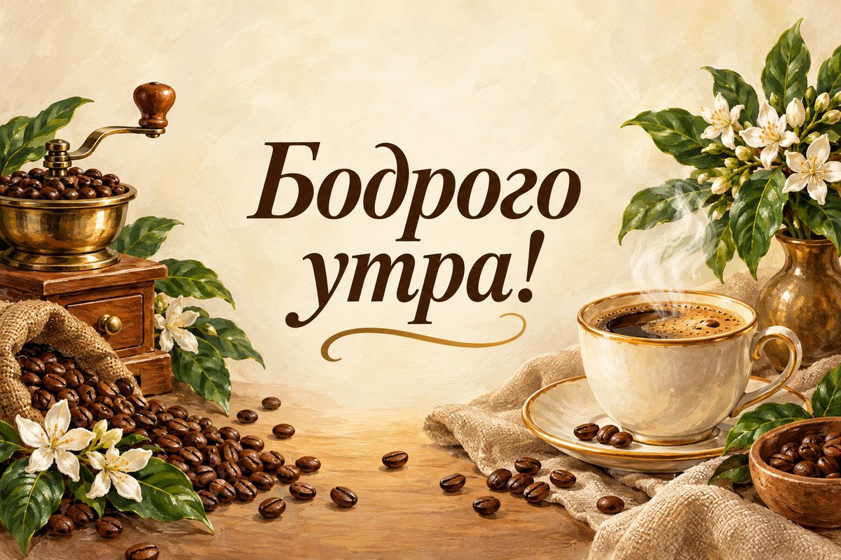 Открытка с добрым утром: дымящаяся кружка кофе с зёрнами, надпись «Бодрого утра!»