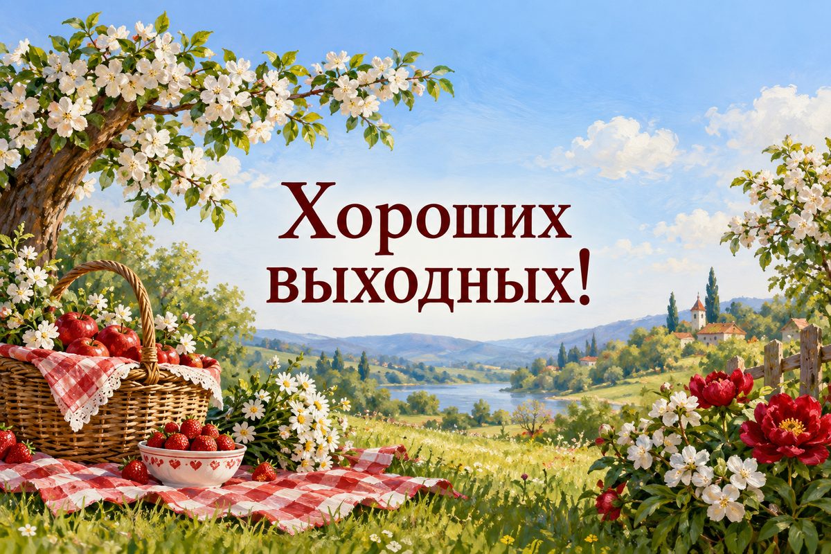 Открытка с добрым утром: корзина для пикника под цветущим деревом, надпись «Хороших выходных!»