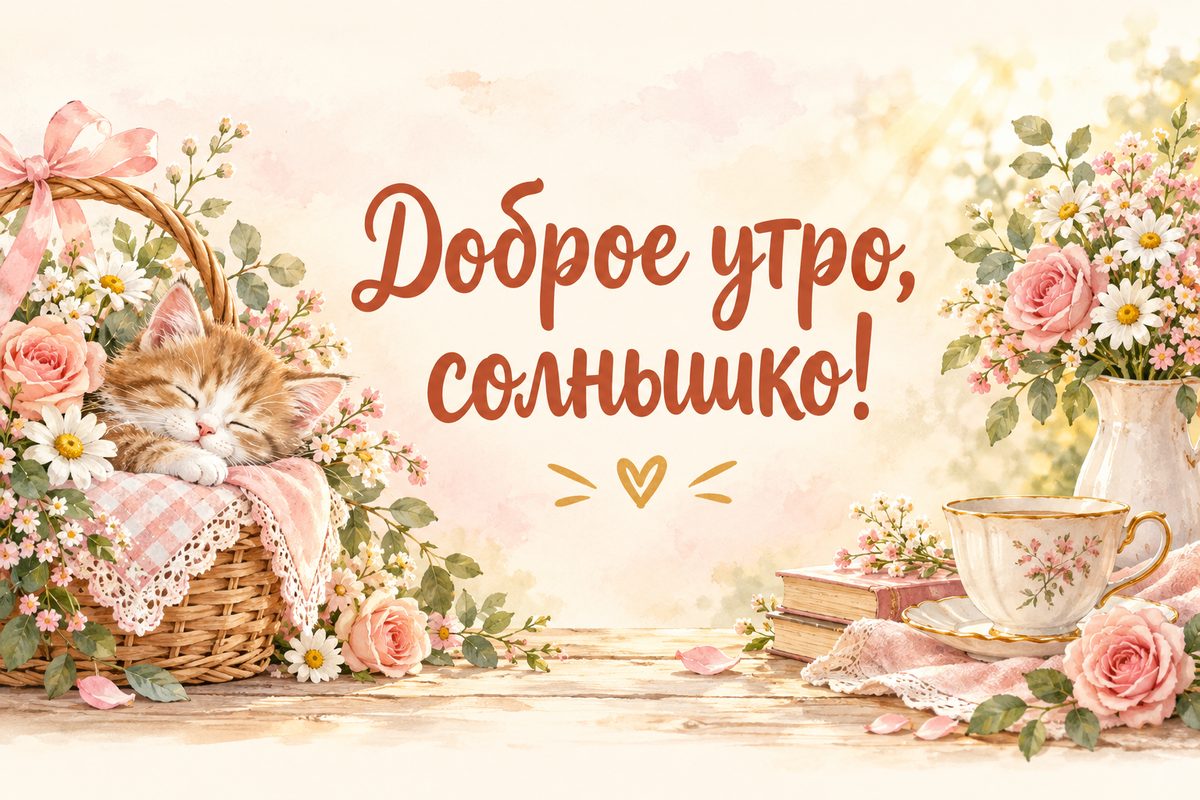 Открытка с добрым утром: котёнок спит в корзине с цветами, надпись «Доброе утро, солнышко!»