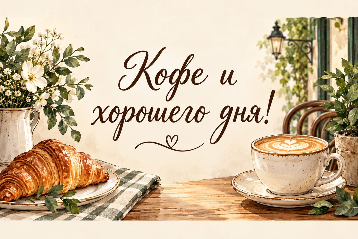 Открытка с добрым утром: латте и круассан на столике кафе, надпись «Кофе и хорошего дня!»