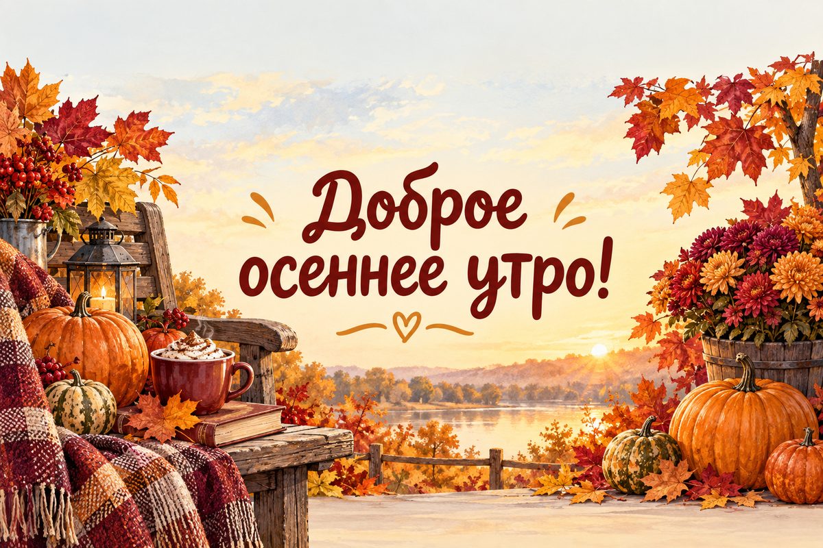 Открытка с добрым утром: кленовые листья, тыквы и какао на скамейке, надпись «Доброе осеннее утро!»