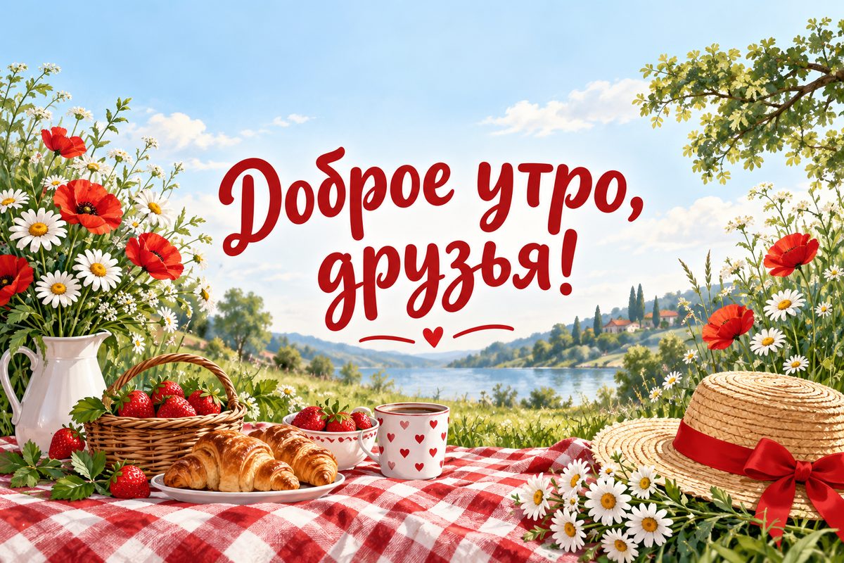 Открытка с добрым утром: завтрак-пикник на лугу, надпись «Доброе утро, друзья!»