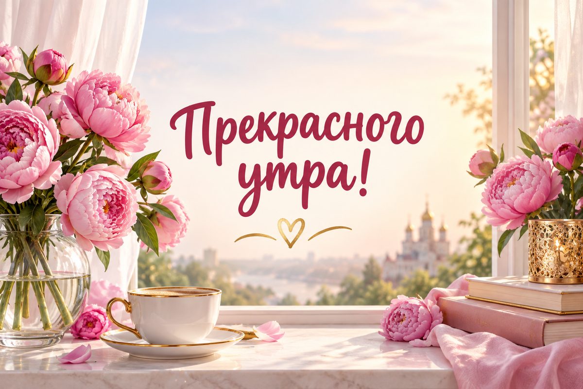 Открытка с добрым утром: розовые пионы в стеклянной вазе у окна, надпись «Прекрасного утра!»