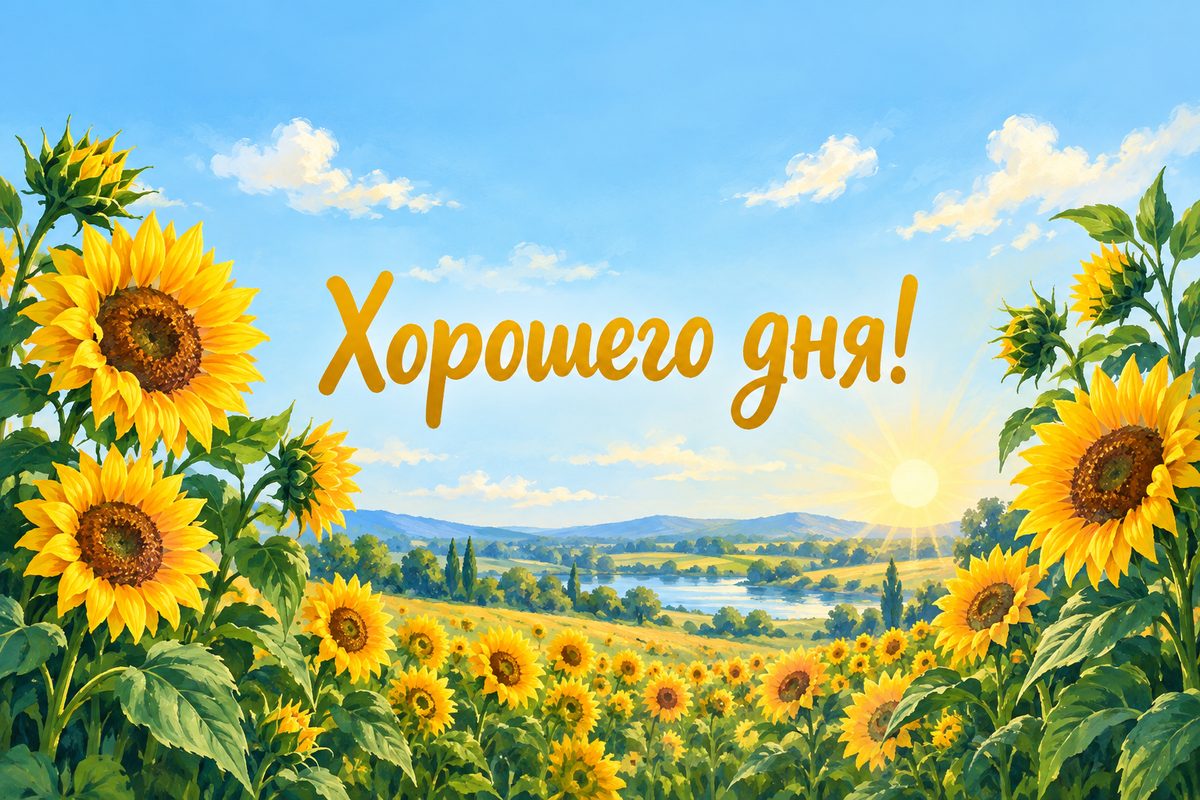 Открытка с добрым утром: поле подсолнухов в утреннем свете, надпись «Хорошего дня!»