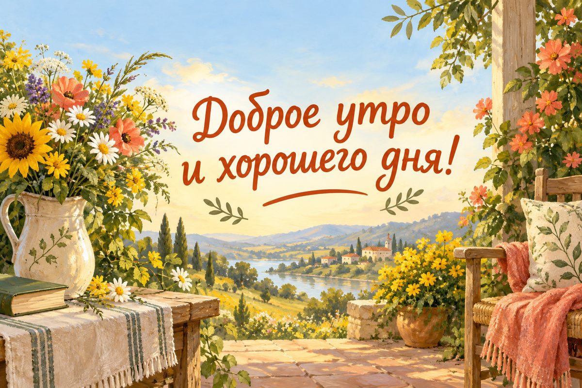 Открытка с добрым утром: кувшин полевых цветов на крыльце, надпись «Доброе утро и хорошего дня!»
