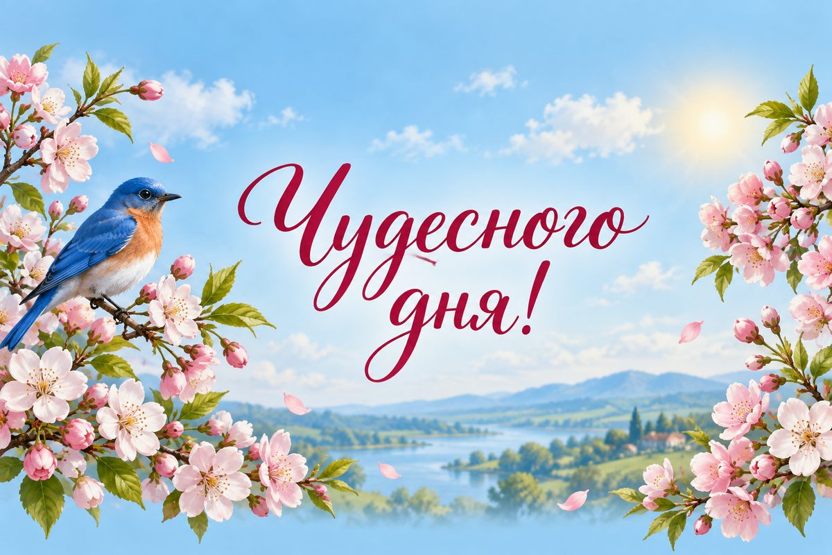 Открытка с добрым утром: синяя птица на цветущей вишнёвой ветке, надпись «Чудесного дня!»