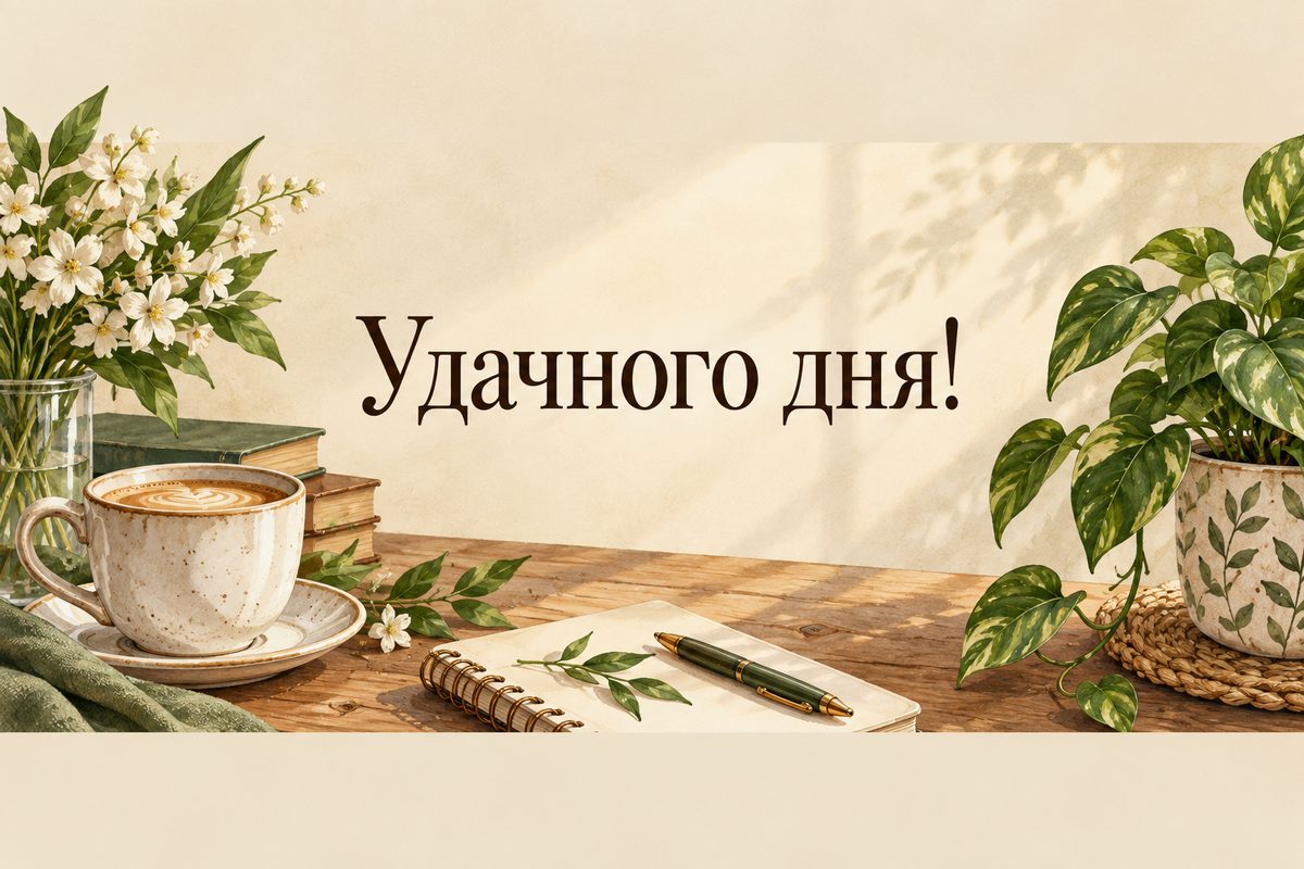 Открытка с добрым утром: рабочий стол с кофе, растением и блокнотом, надпись «Удачного дня!»