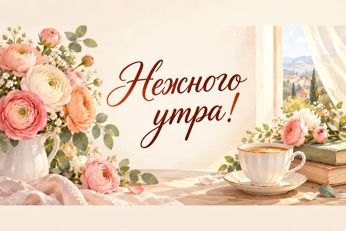 Открытка с добрым утром: пастельные ранункулюсы в утреннем свете, надпись «Нежного утра!»