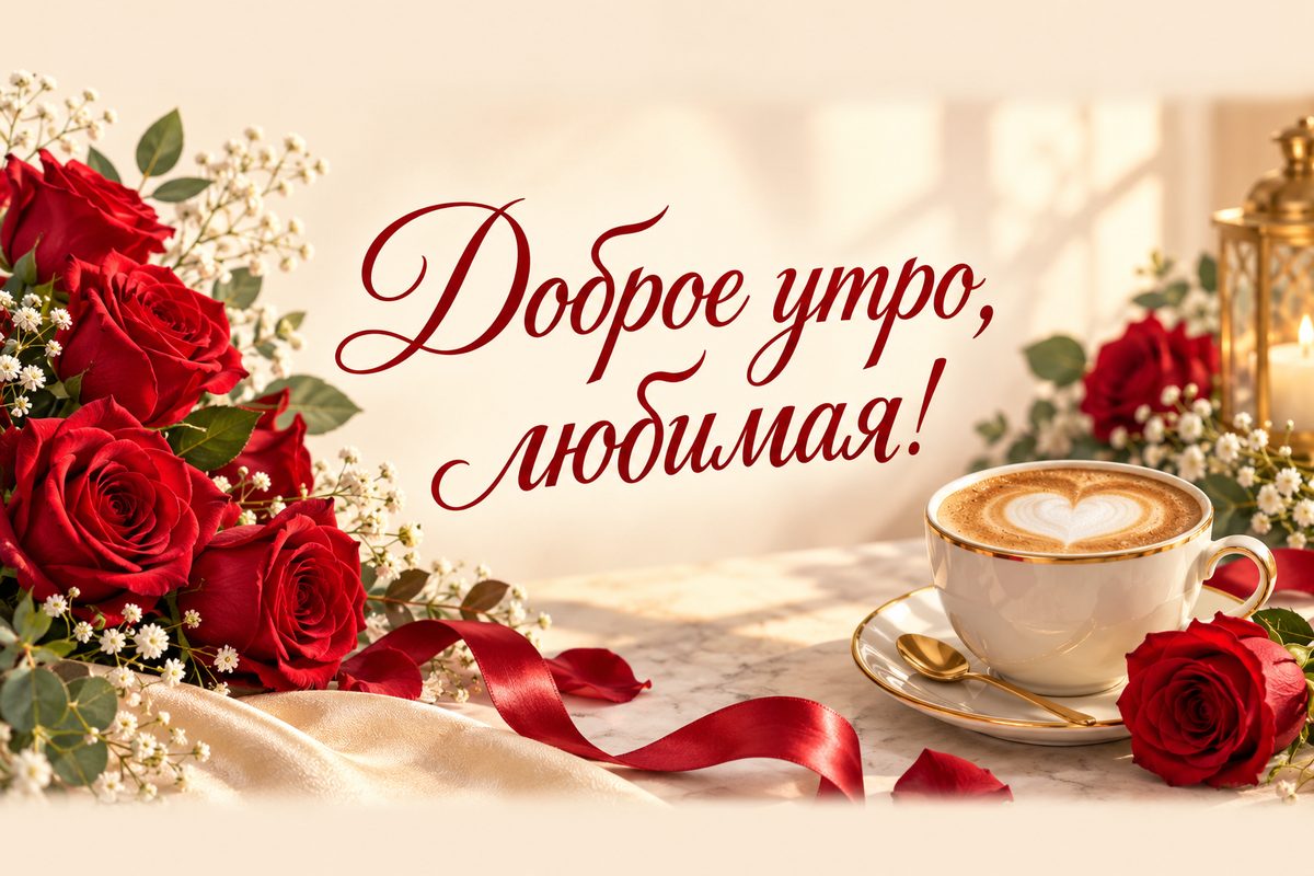 Открытка с добрым утром: красные розы и капучино с сердечком, надпись «Доброе утро, любимая!»