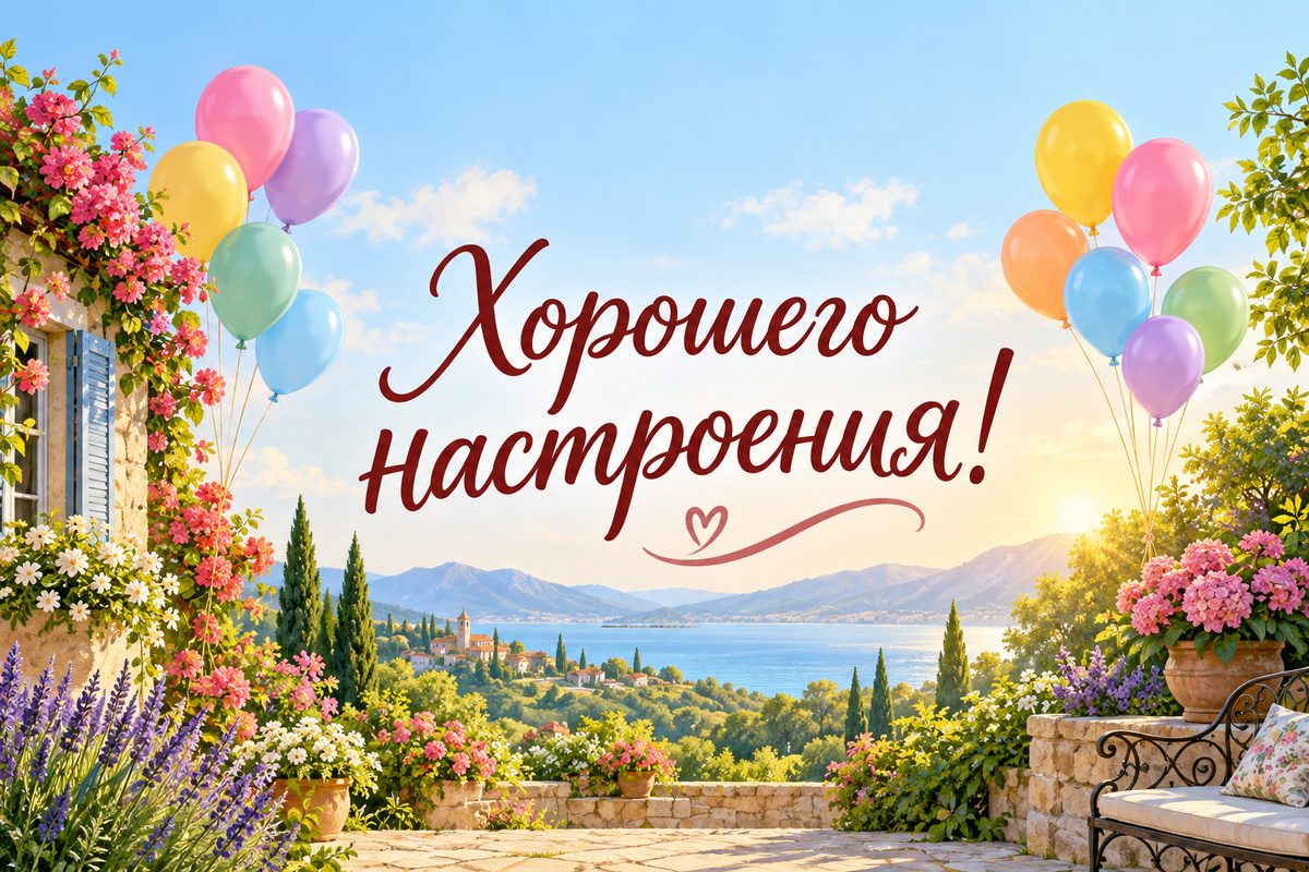 Открытка с добрым утром: разноцветные шары над садом, надпись «Хорошего настроения!»