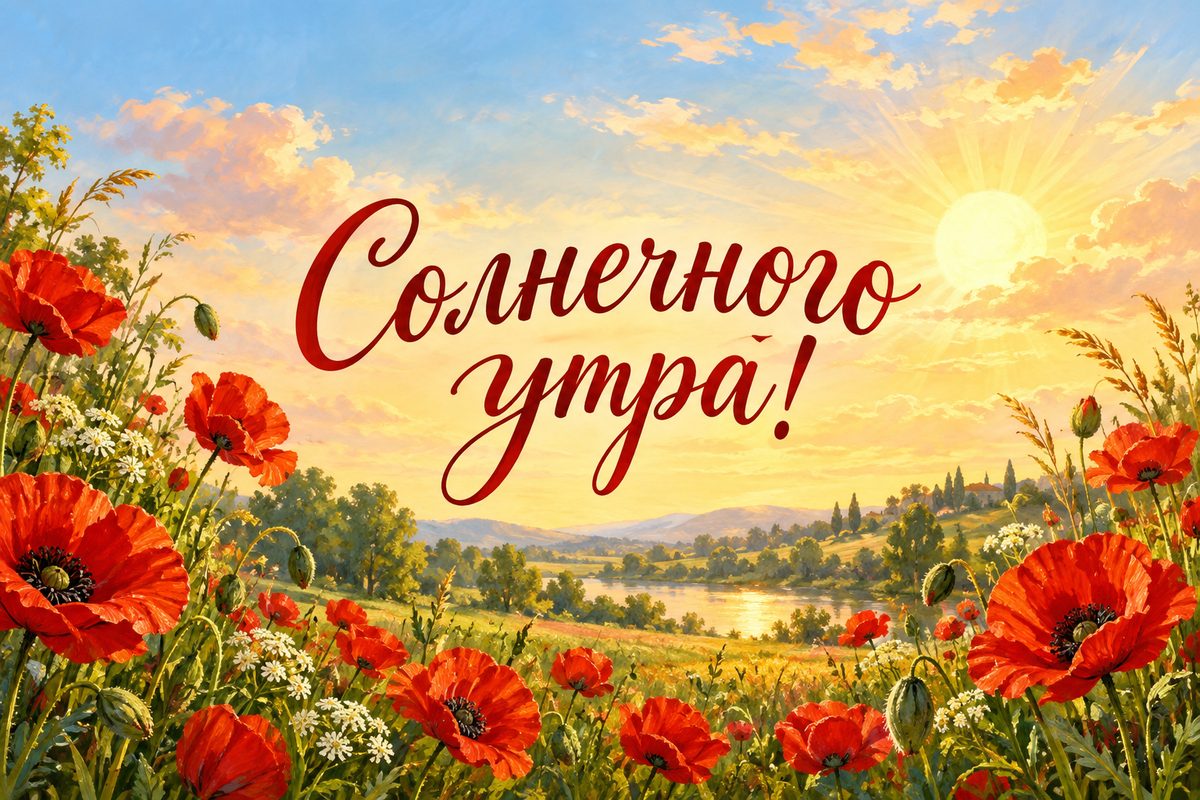 Открытка с добрым утром: улыбающееся солнце над маковым лугом, надпись «Солнечного утра!»