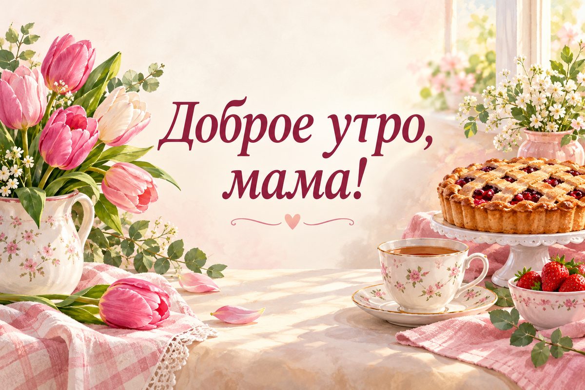 Открытка с добрым утром: тюльпаны, чай и пирог на кухонном столе, надпись «Доброе утро, мама!»