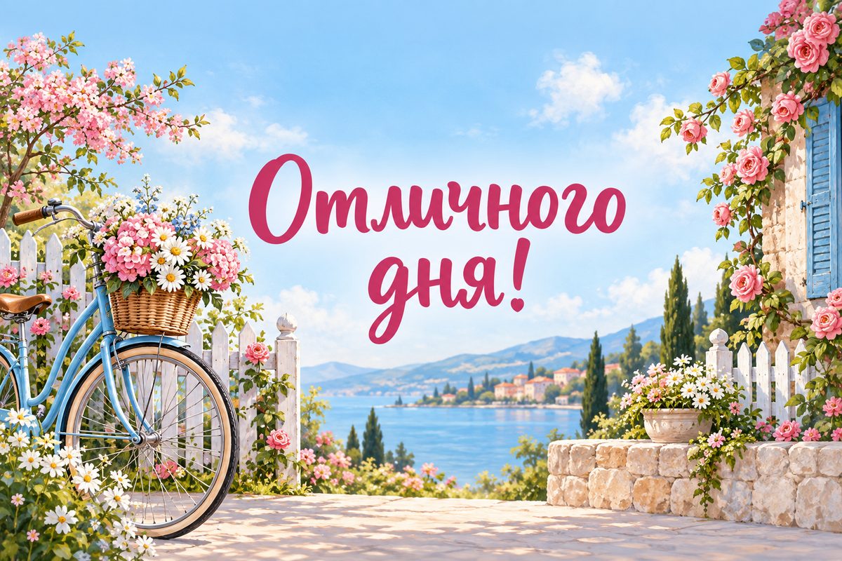 Открытка с добрым утром: велосипед с корзиной цветов у забора, надпись «Отличного дня!»