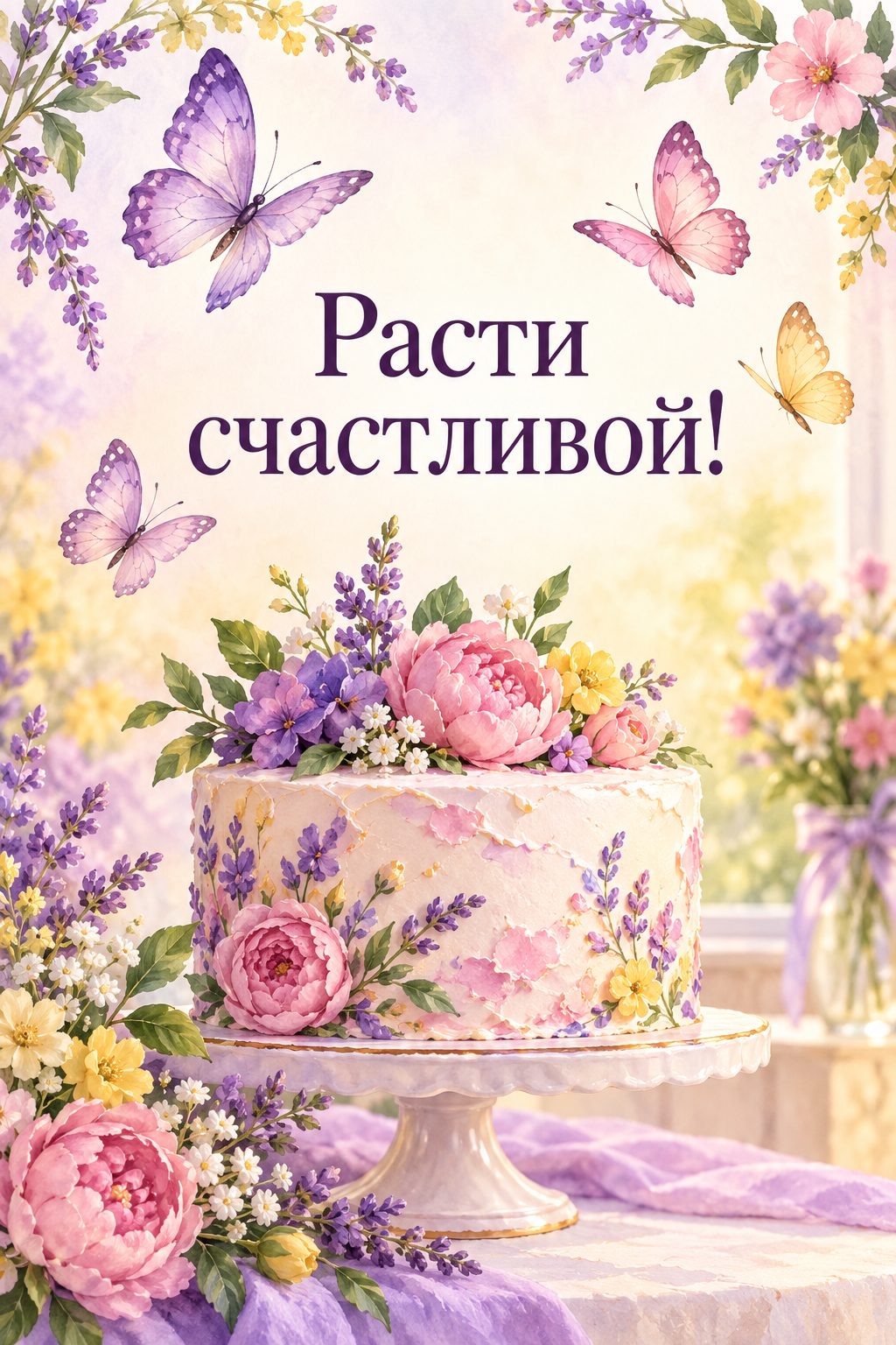 Открытка с годиком: бабочки над тортом с цветами, надпись «Расти счастливой!»