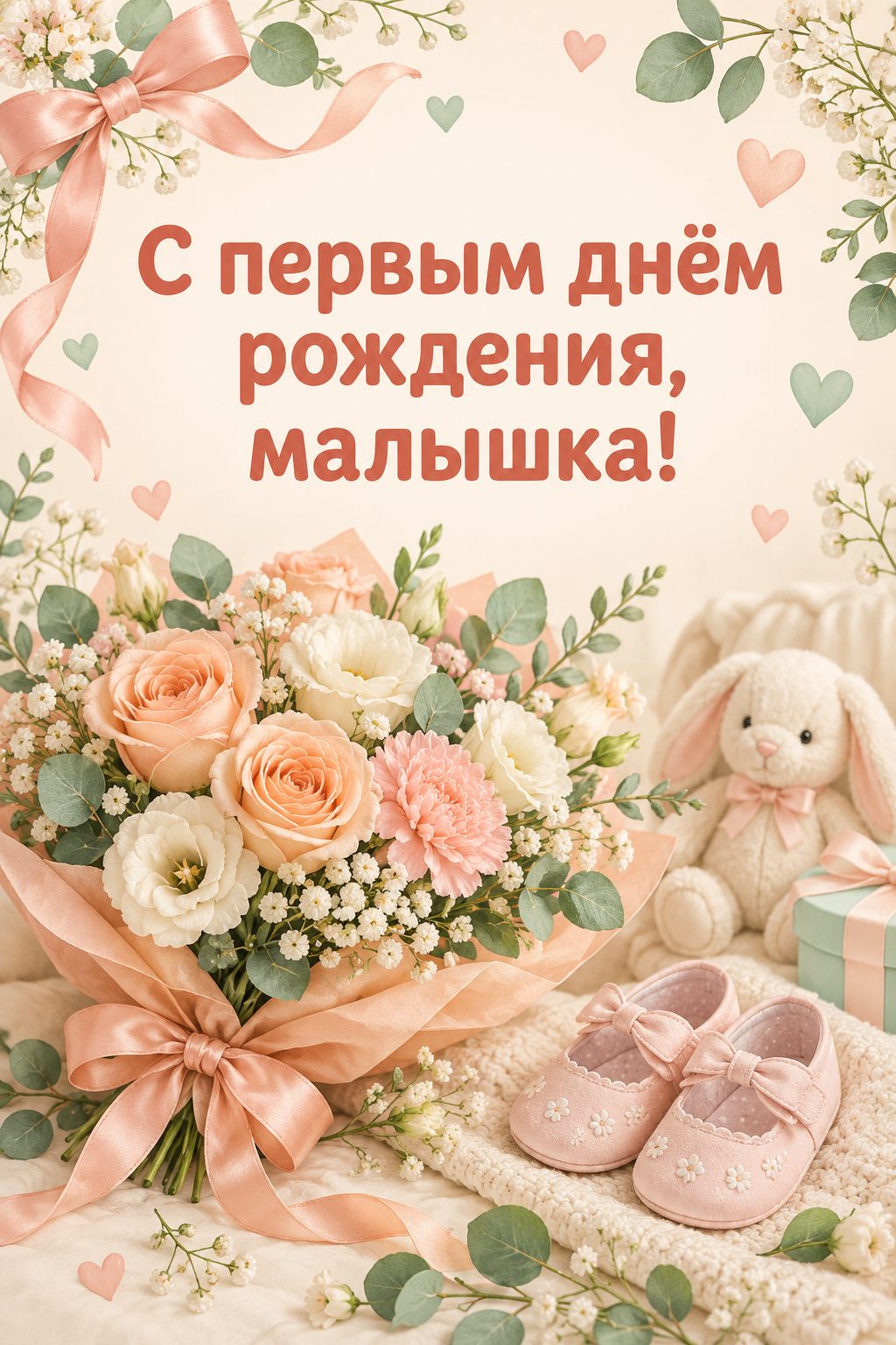 Открытка с годиком: букет пастельных цветов и крошечные пинетки, надпись «С первым днём рождения, малышка!»