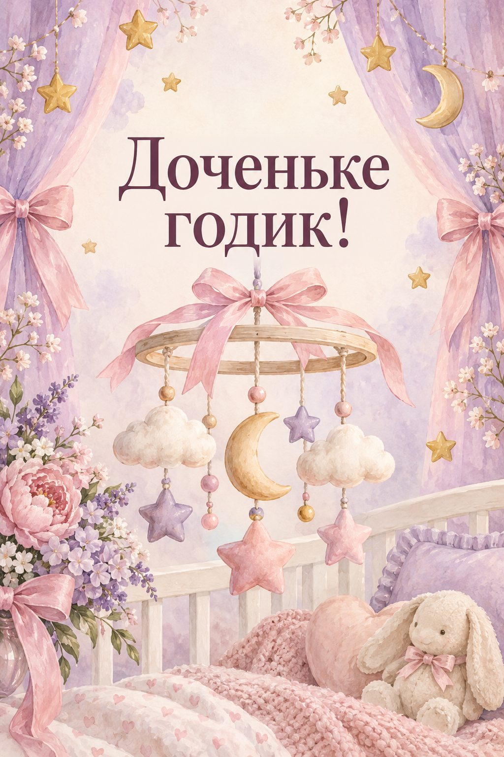 Открытка с годиком: мобиль над кроваткой со звёздами, облаками и бантом, надпись «Доченьке годик!»