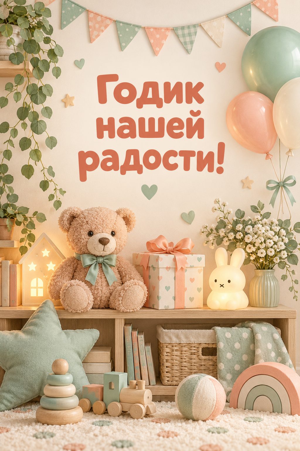 Открытка с годиком: полка в детской с игрушками и ночником, надпись «Годик нашей радости!»
