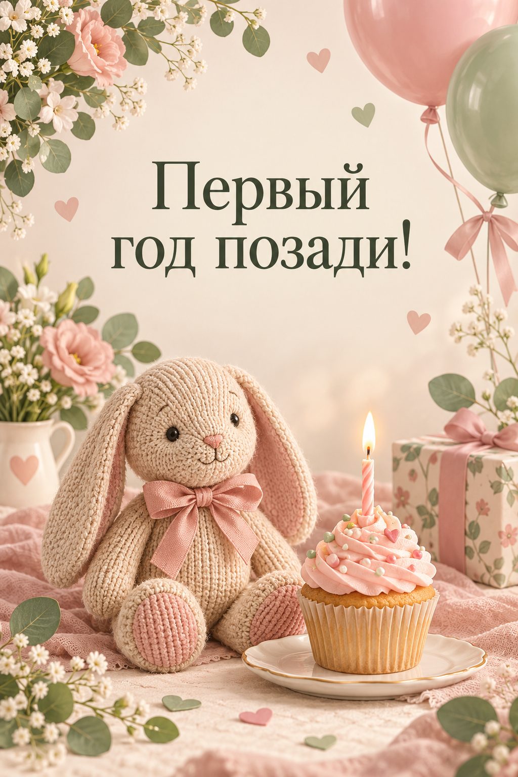 Открытка с годиком: вязаный зайчик рядом с капкейком со свечкой, надпись «Первый год позади!»
