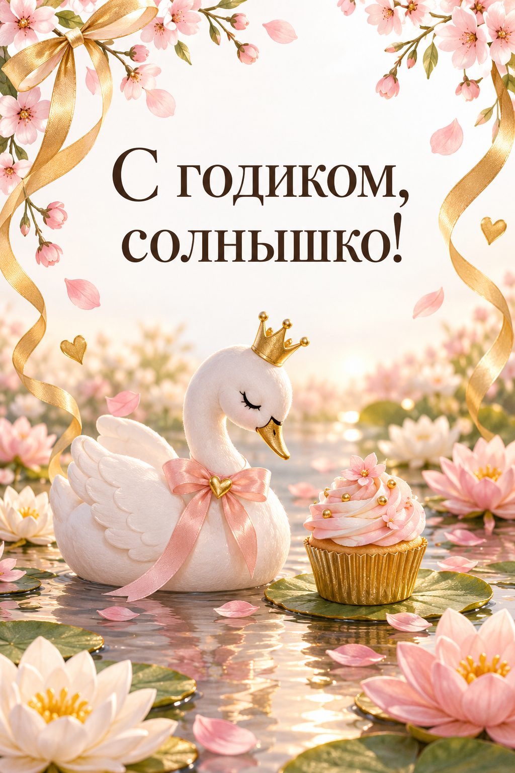 Открытка с годиком: игрушечный лебедь среди цветов и капкейк, надпись «С годиком, солнышко!»