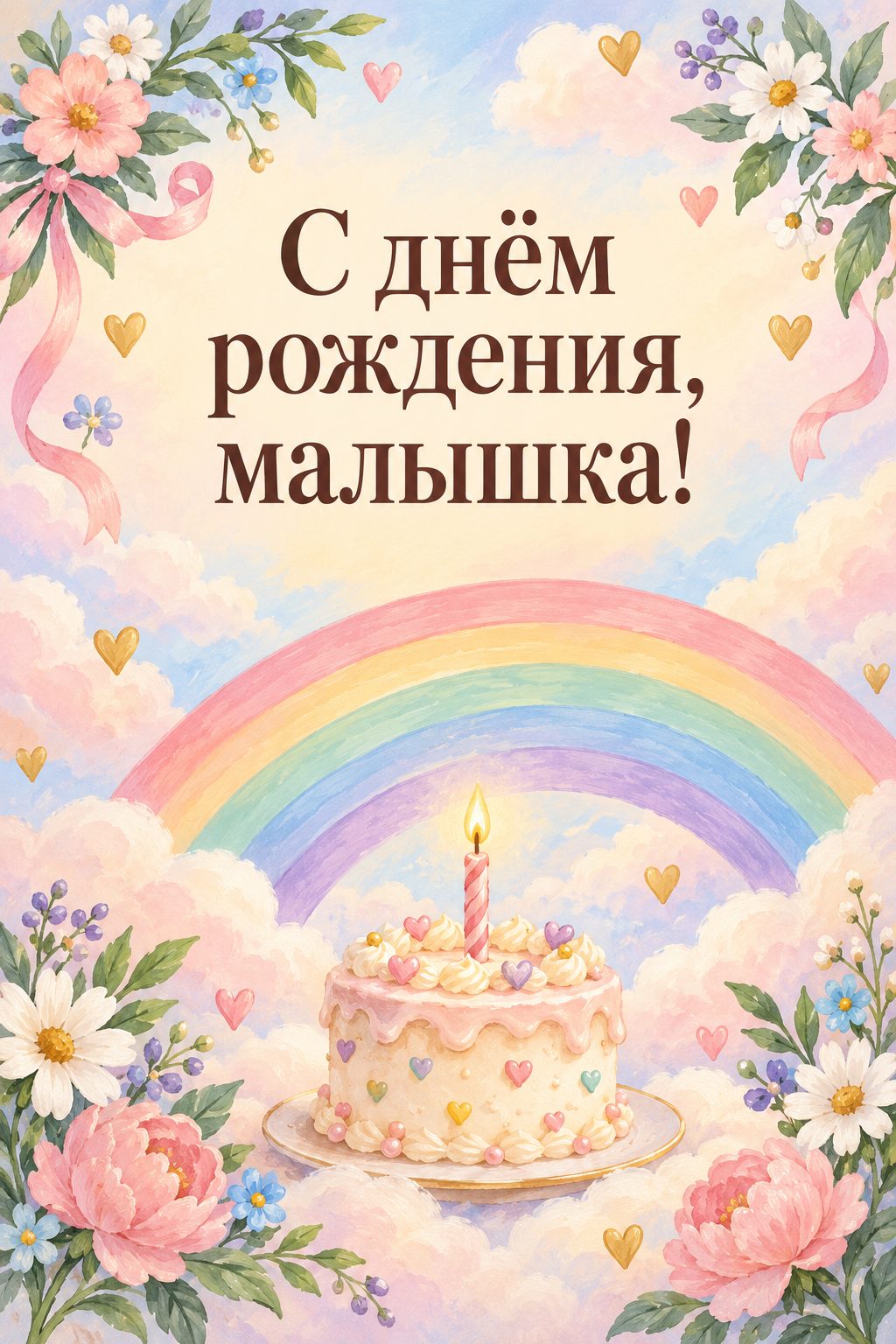 Открытка с годиком: пастельная радуга с облаками и тортик со свечкой, надпись «С днём рождения, малышка!»