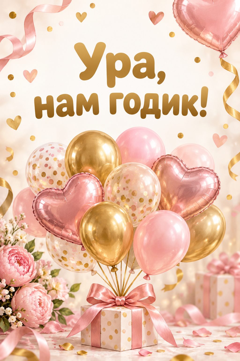 Открытка с годиком: розовые и золотые шары над маленьким подарком, надпись «Ура, нам годик!»