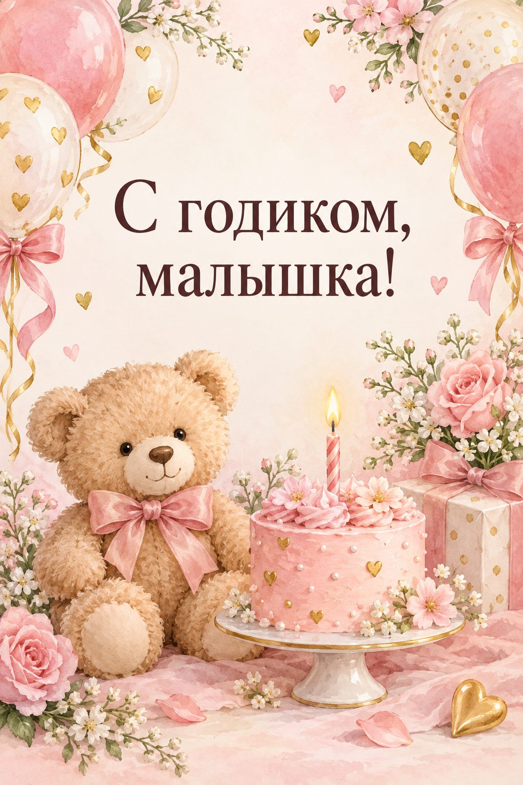 Открытка с годиком: маленький розовый торт со свечкой и плюшевый мишка, надпись «С годиком, малышка!»