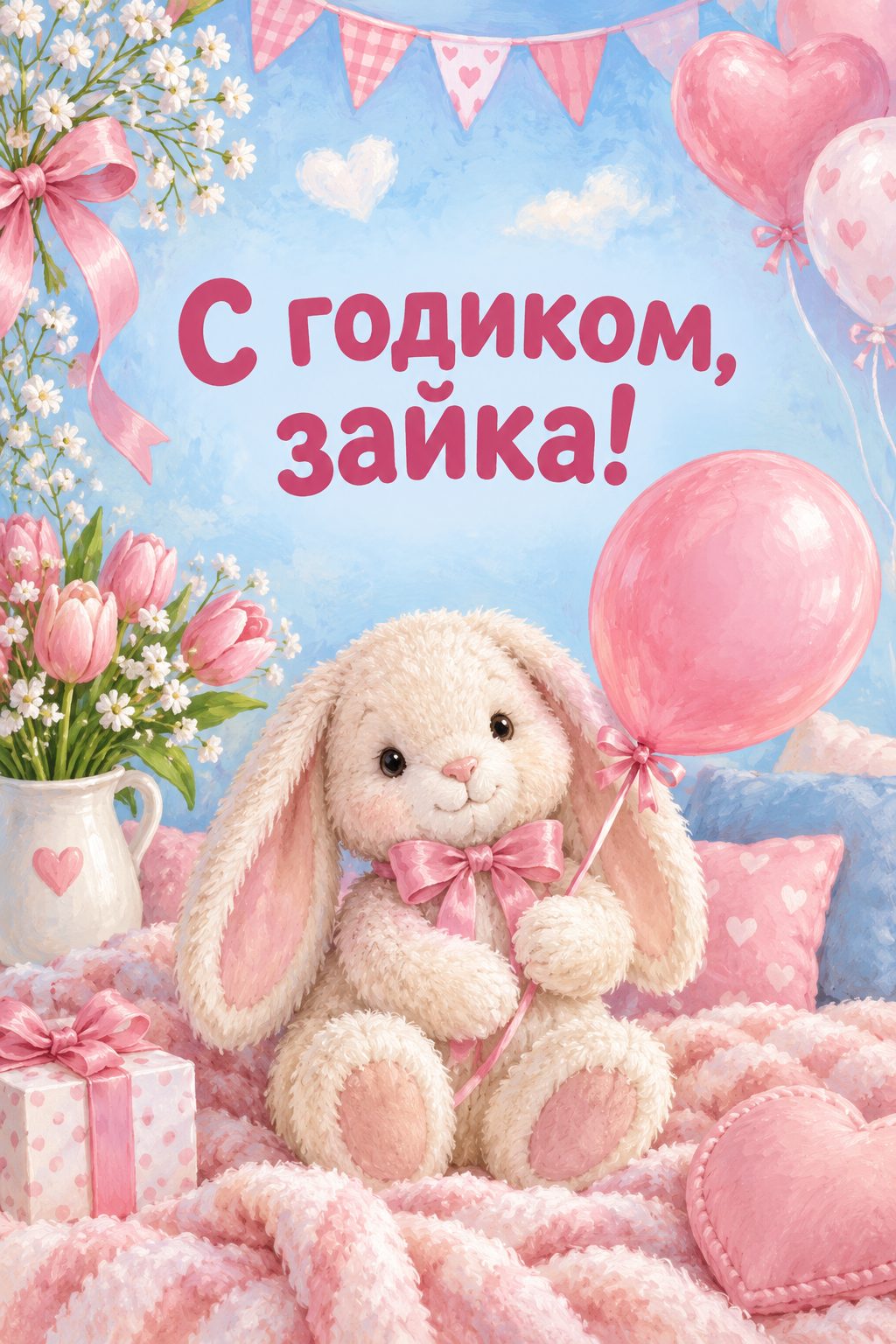 Открытка с годиком: плюшевый зайчик с розовым шариком на мягком пледе, надпись «С годиком, зайка!»