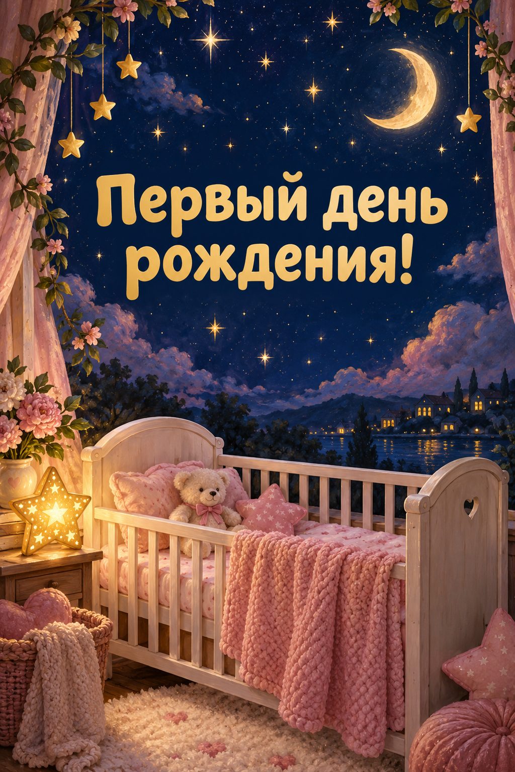 Открытка с годиком: звёздное небо над кроваткой с розовым пледом, надпись «Первый день рождения!»