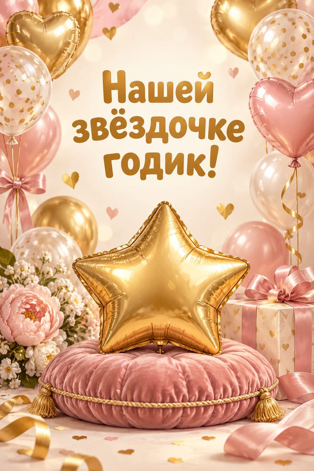 Открытка с годиком: золотой шар-звезда на розовой подушке с шарами, надпись «Нашей звёздочке годик!»