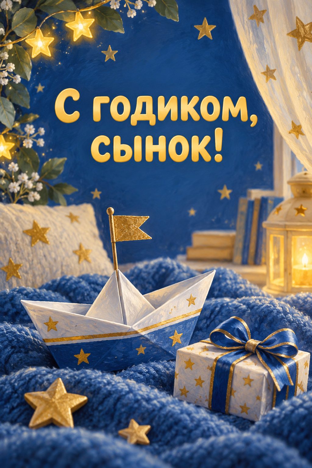 Открытка с годиком: бумажный кораблик на голубом пледе и подарок, надпись «С годиком, сынок!»