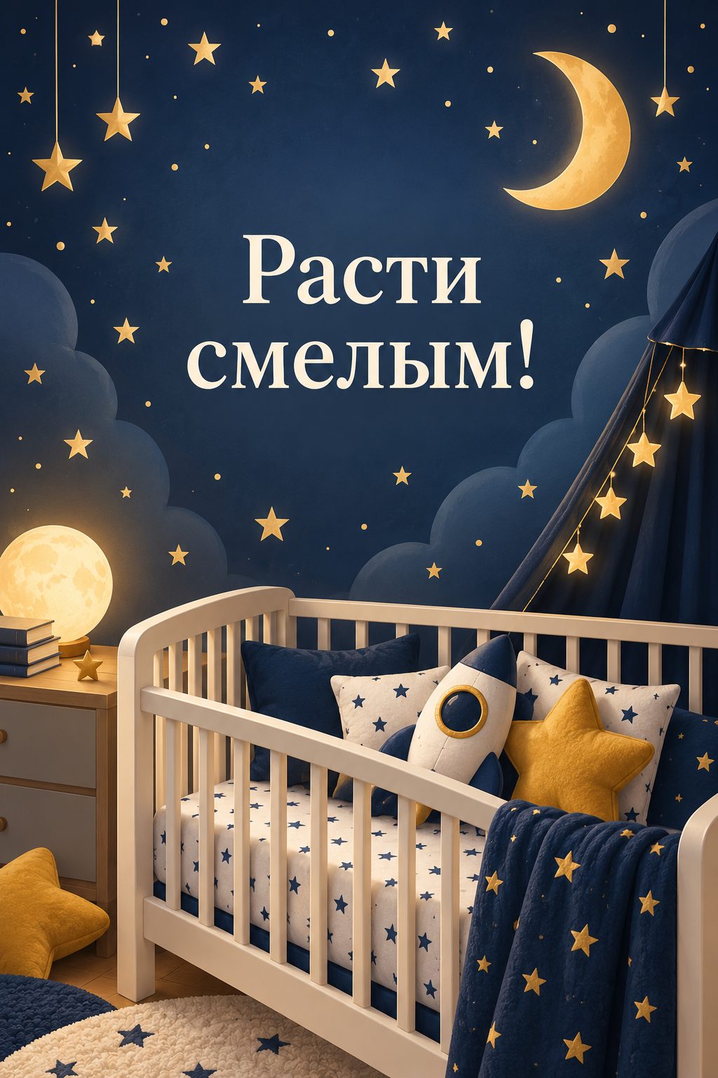 Открытка с годиком: игрушечная ракета и звёзды над кроваткой, надпись «Расти смелым!»
