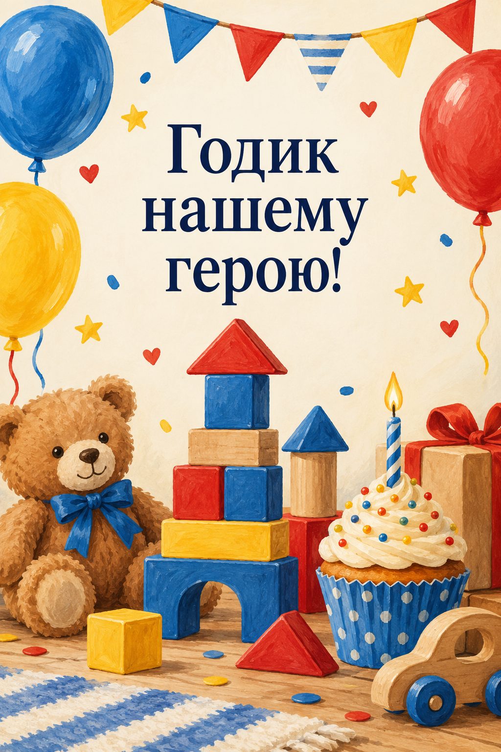 Открытка с годиком: башенка из деревянных кубиков и капкейк, надпись «Годик нашему герою!»