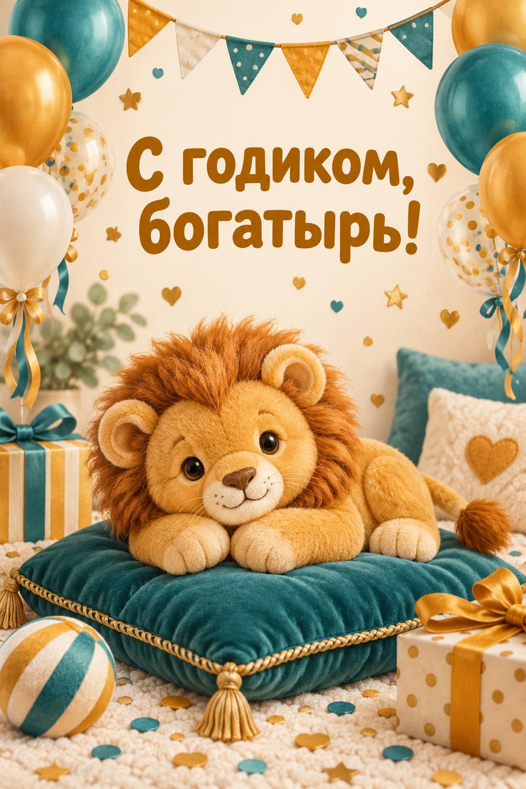 Открытка с годиком: плюшевый львёнок на мягкой подушке и конфетти, надпись «С годиком, богатырь!»