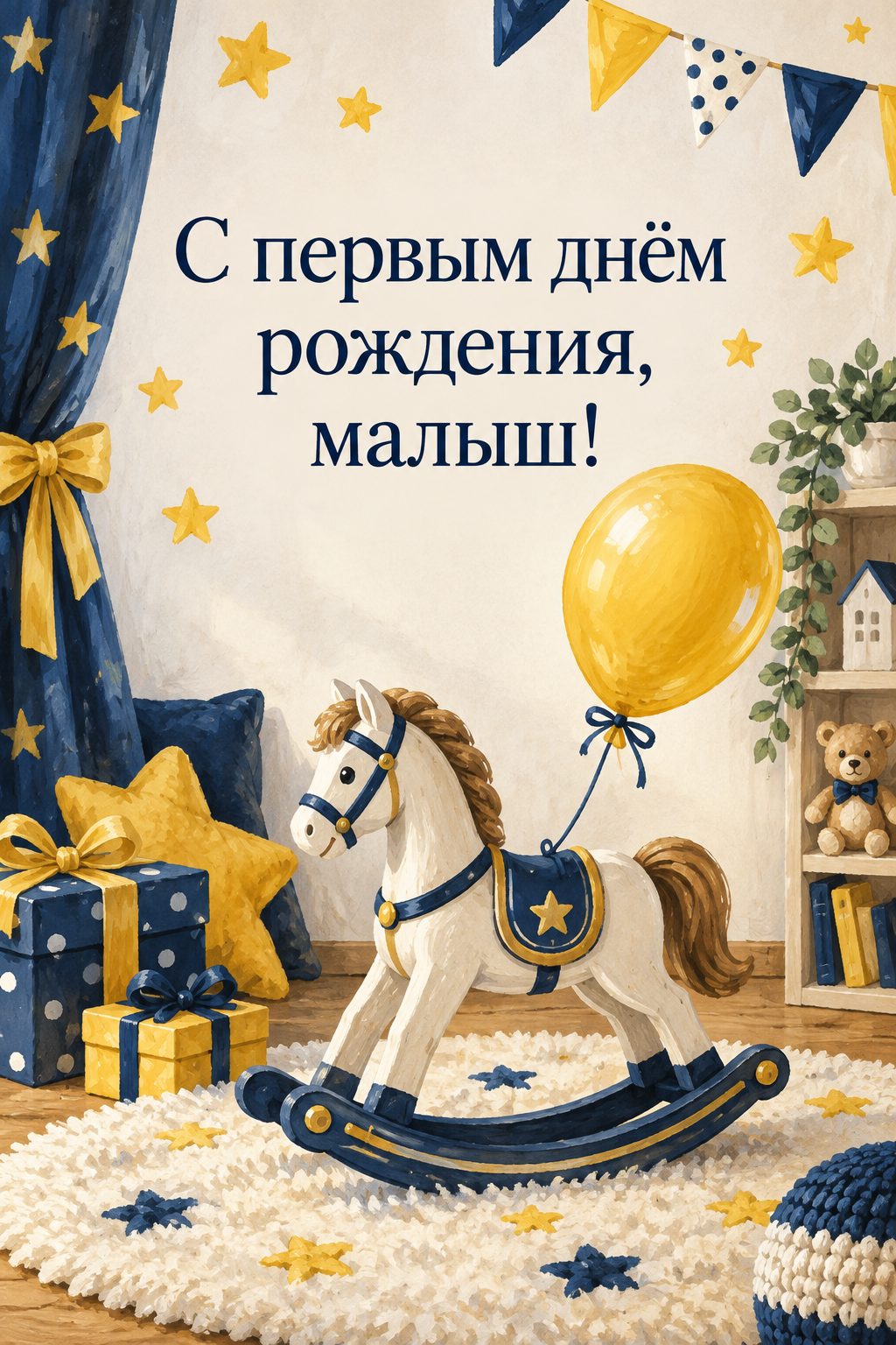 Открытка с годиком: деревянная лошадка-качалка с шариком на мягком ковре, надпись «С первым днём рождения, малыш!»