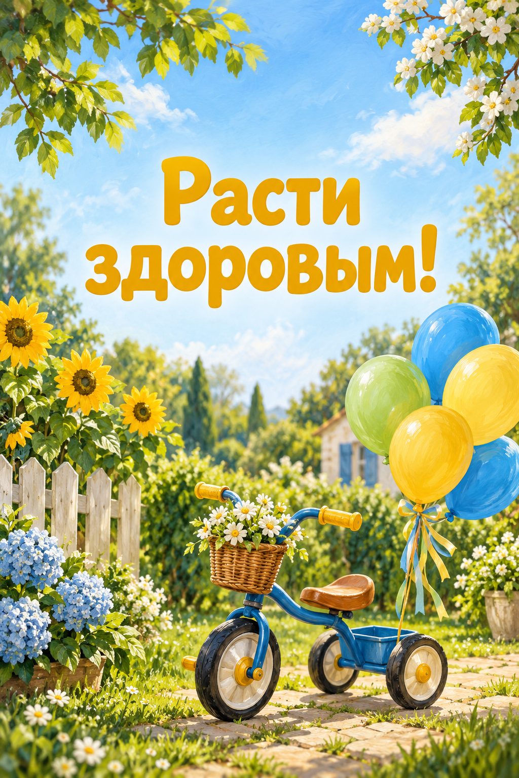 Открытка с годиком: солнечный сад с детским велосипедом и шарами, надпись «Расти здоровым!»